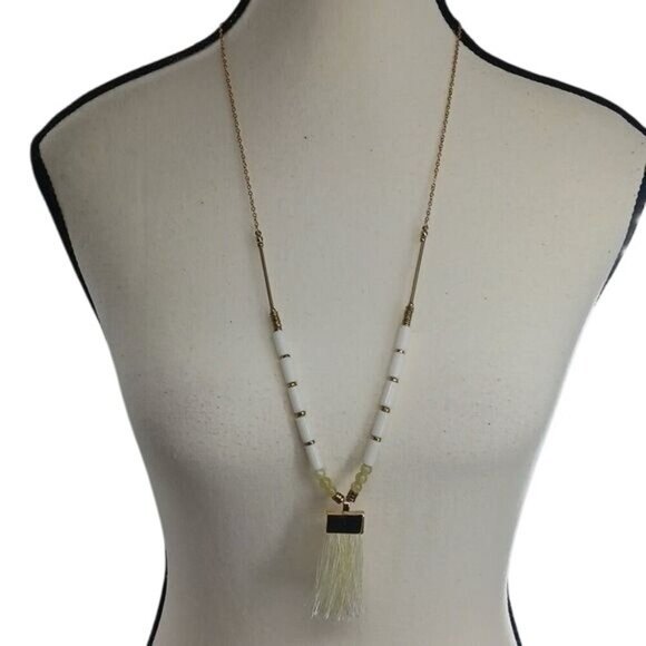 A New Day Necklace Gold Beaded Tassel White Adjustable Womens - Picture 1 of 4